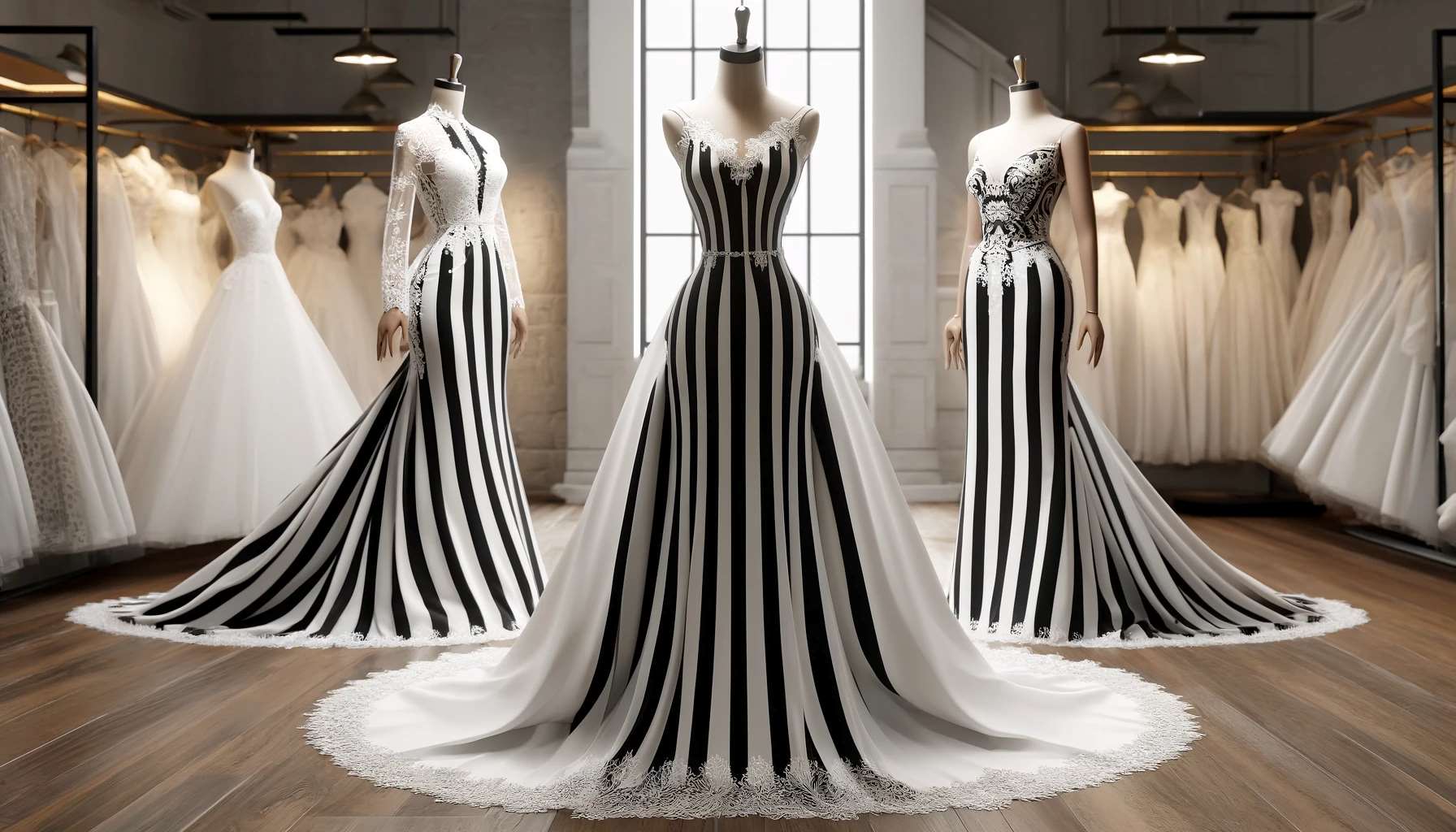 Design a stunning wedding dress that incorporates the iconic jailhouse black and white stripes into its style