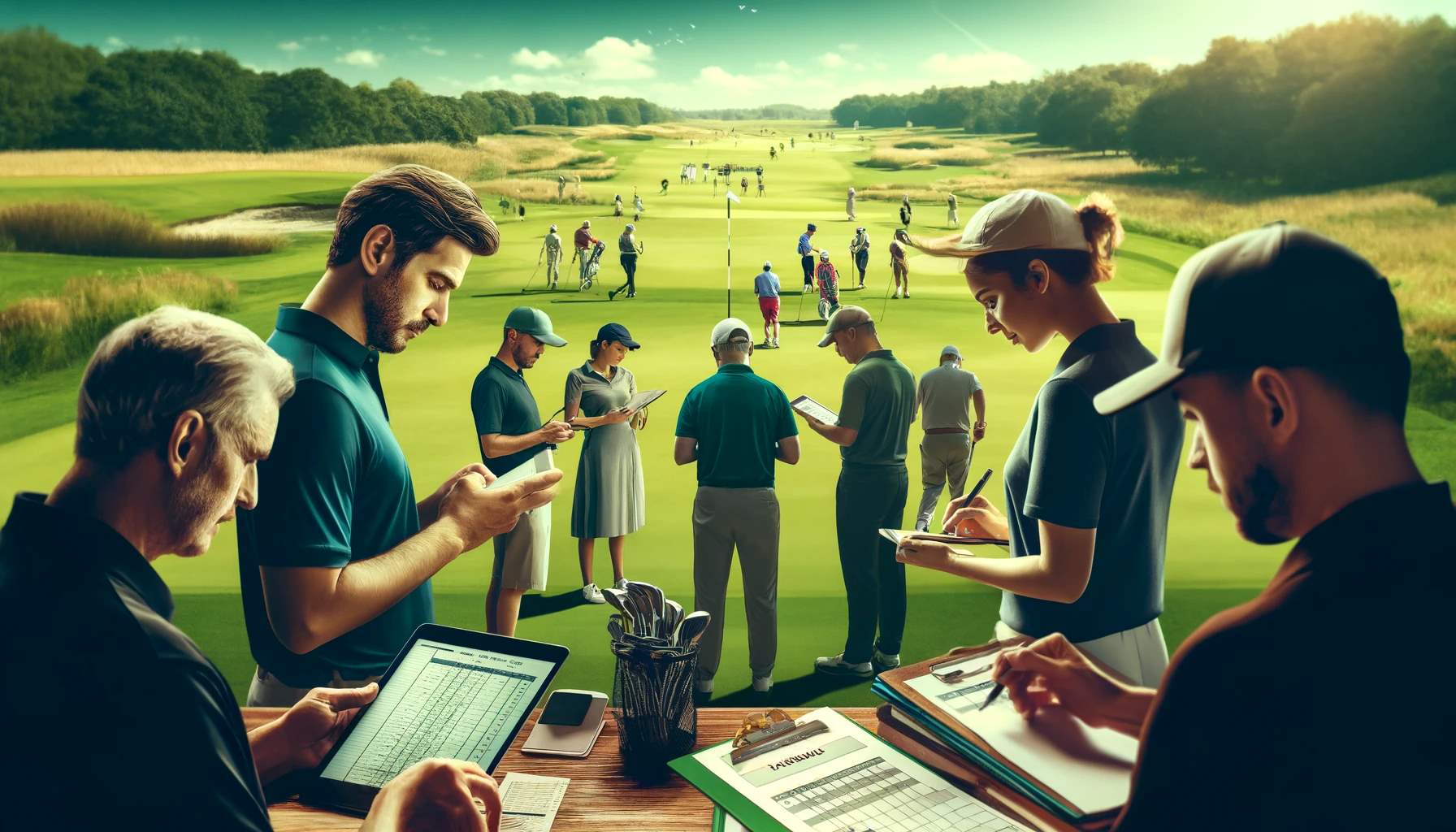 An engaging scene on a beautifully maintained traditional golf course during a competitive event. The image shows a diverse group of golfers, both men