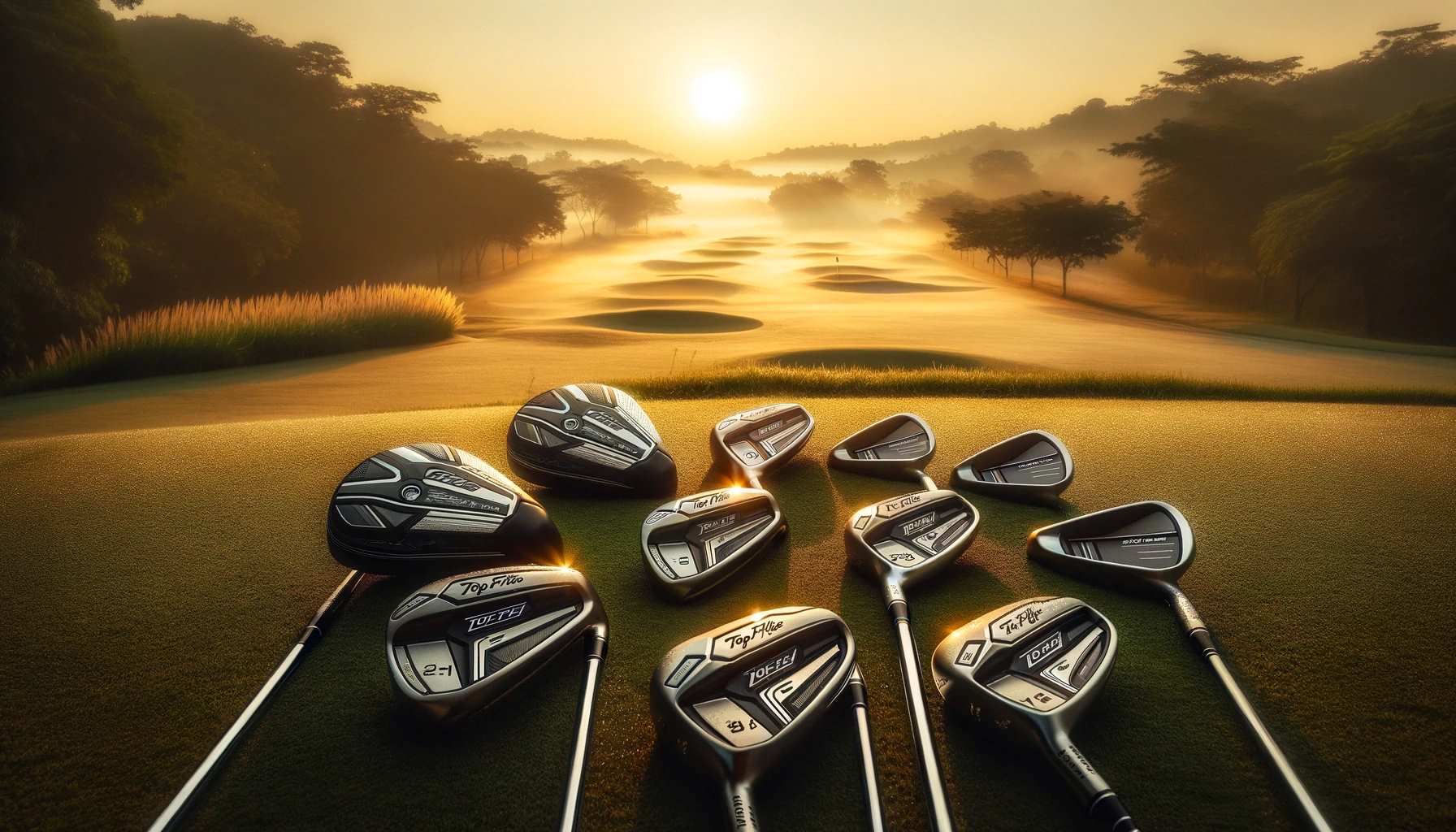 A serene golf course during sunrise, showcasing an array of Top Flite golf clubs strategically placed in the foreground. The scene captures the early