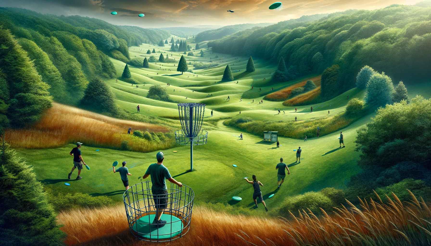 A panoramic view of a disc golf course set in a diverse terrain. The image features lush green fields with patches of wooded areas, gently rolling hil