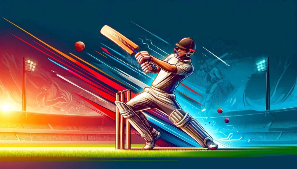 An engaging and dynamic banner for an article about cricket bats, depicting a cricket player in action using a cricket bat. The player should be in a