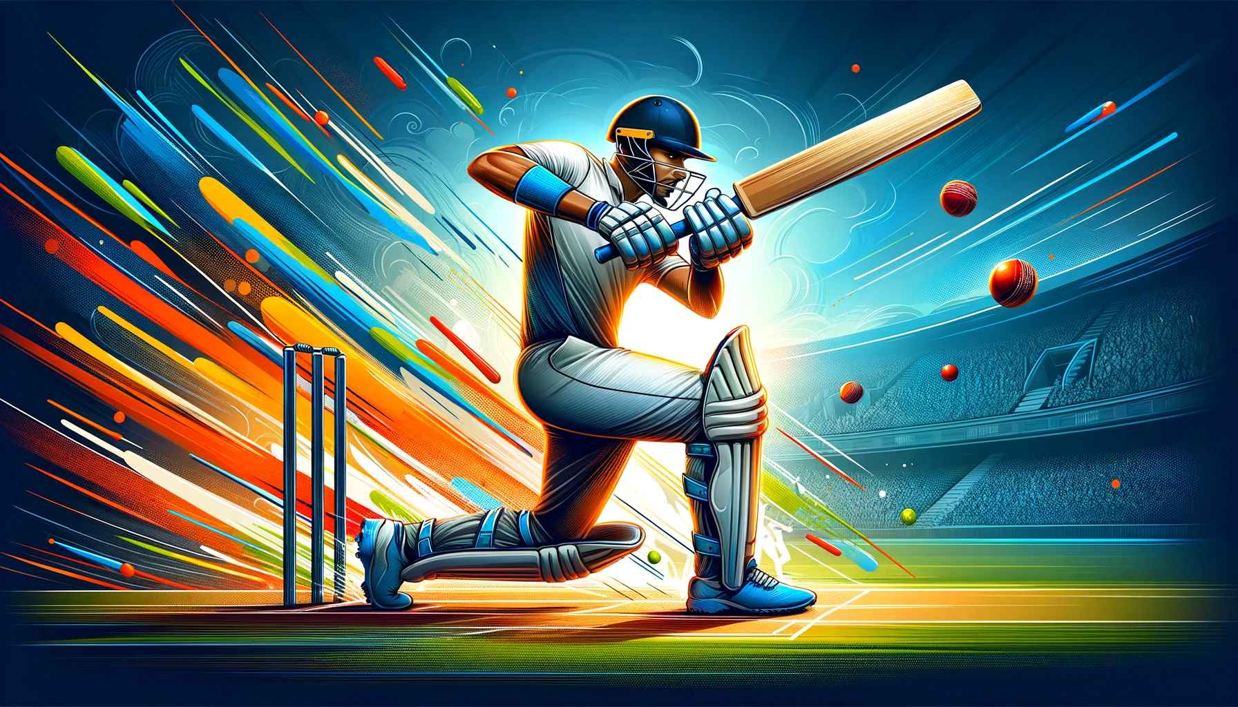 A dynamic and educational banner for an article about cricket batting tips, showing a cricket player using a bat, with a focus on demonstrating a key