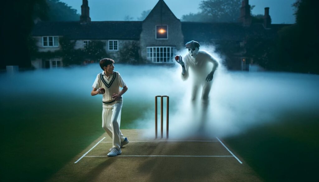  An eerie cricket ground at dusk with thick fog surrounding the pitch. In the center, a young bowler in modern cricket attire looks on in shock as a gh