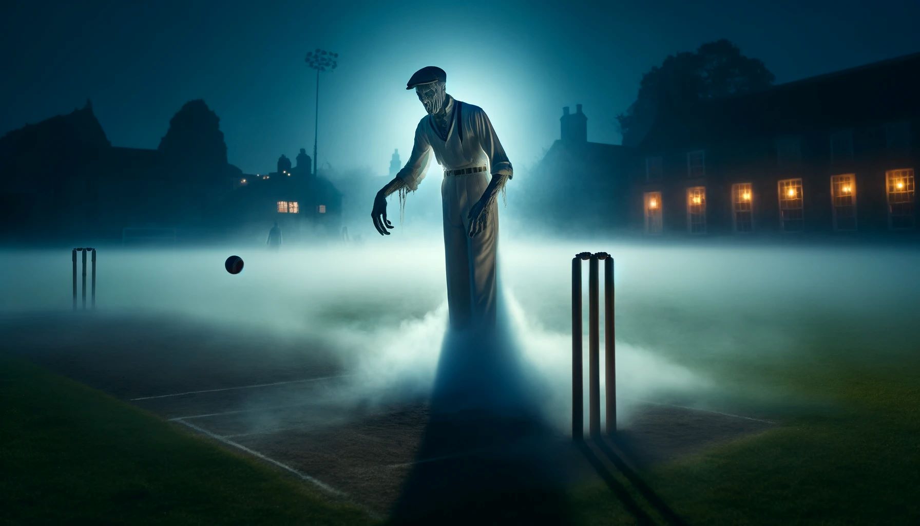 A haunting scene on an old cricket ground at dusk, enveloped in thick fog. A ghostly figure, tall and lean, dressed in vintage cricket whites and a ca