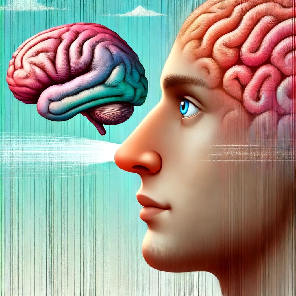  A surreal and whimsical illustration showing a person looking forward with a slight outline of their nose visible. The brain is depicted as choosing t