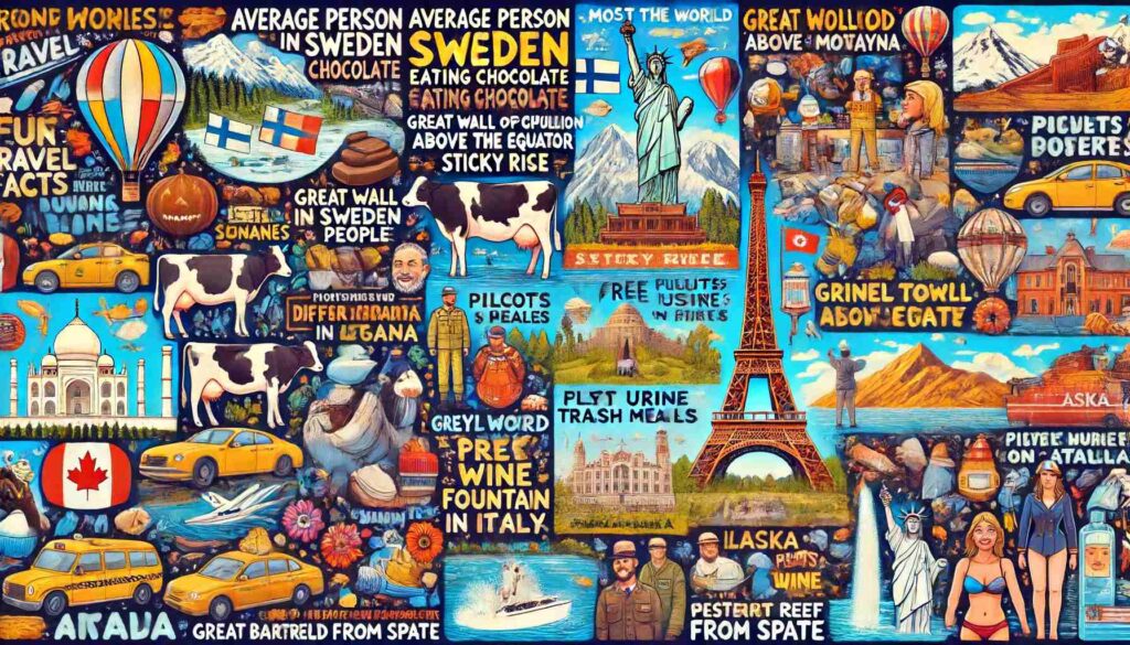 A vibrant and visually engaging collage representing fun travel facts_ average person in Sweden eating chocolate, cows outnumbering people in Montana,