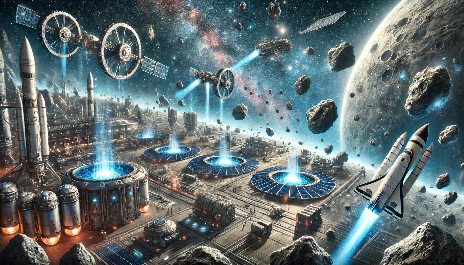 A futuristic scene where the Asteroid Mining Corporation is mining resources from asteroids in space. Depict advanced spacecraft and mining equipment