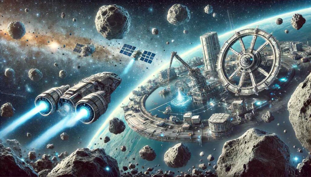  A futuristic scene where the Asteroid Mining Corporation is mining resources from asteroids in space. Depict advanced spacecraft and mining equipment