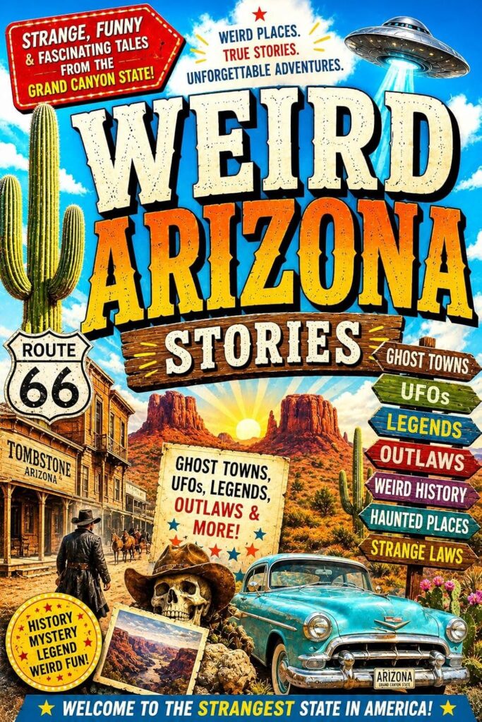heads into desert country, where the scenery already looks like another planet before the strange stories even begin. From eerie ghost towns and mysterious legends to roadside oddities, desert survival weirdness, unusual history, and sunbaked small-town madness, this book captures Arizona’s wild mix of beauty, danger, and full-blown roadside personality.