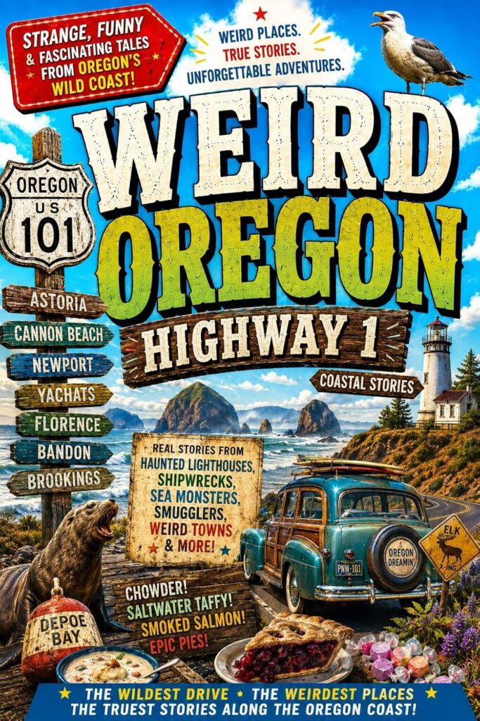 follows the Oregon Coast, where fog, cliffs, shipwreck stories, beach towns, stormy weather, strange roadside stops, sea lions, lighthouses, and dramatic coastal weirdness all come together. This book is made for travelers who want the Oregon Coast with more personality than a normal travel guide and fewer polite brochure sentences.