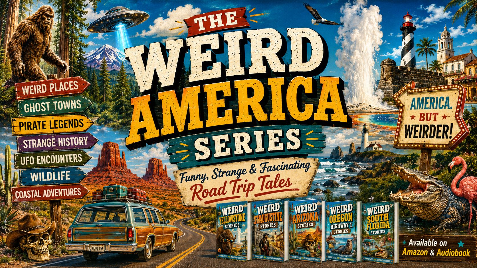 Quirky road trip book series cover