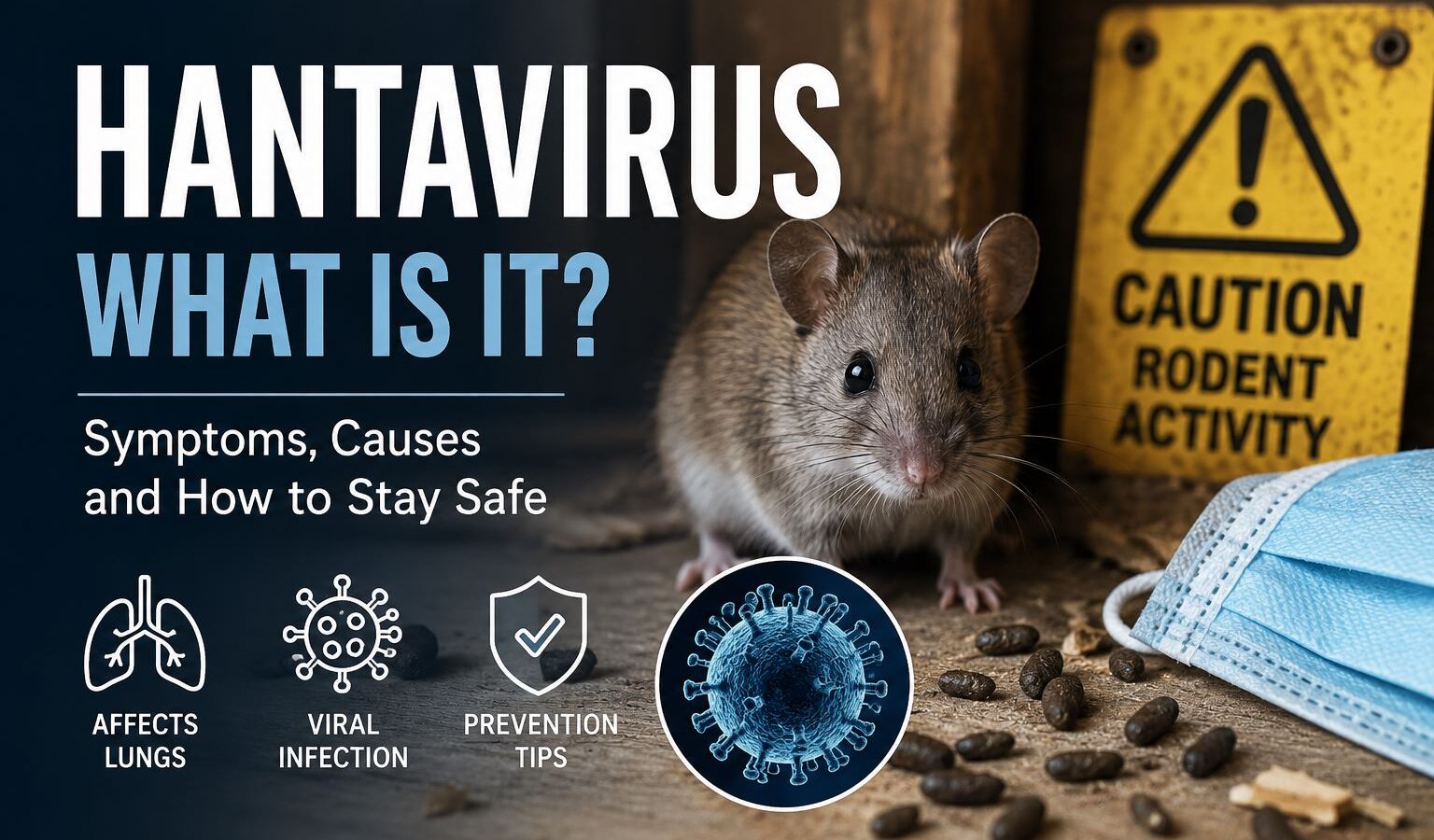 Hantavirus information with rodent and mask.