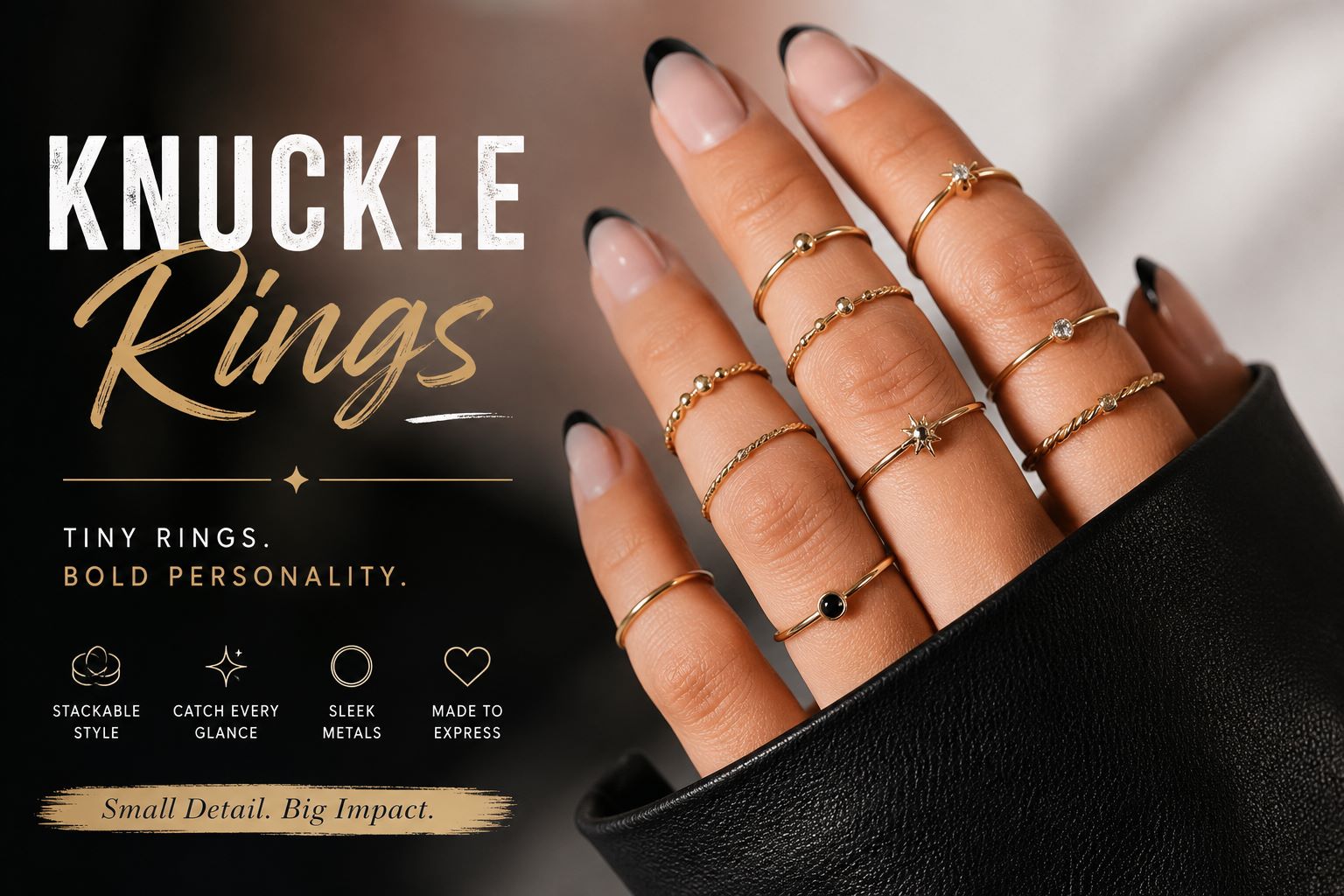 Elegant knuckle rings on stylish hand.