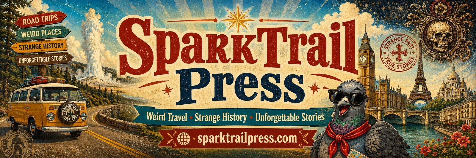 Vintage travel-themed promotional artwork. SparkTrail Press
